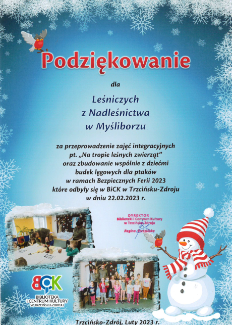 Nadleśnictwo otrzymało podziękowania od Biblioteki i Centrum Kultury w Trzcińsku-Zdroju